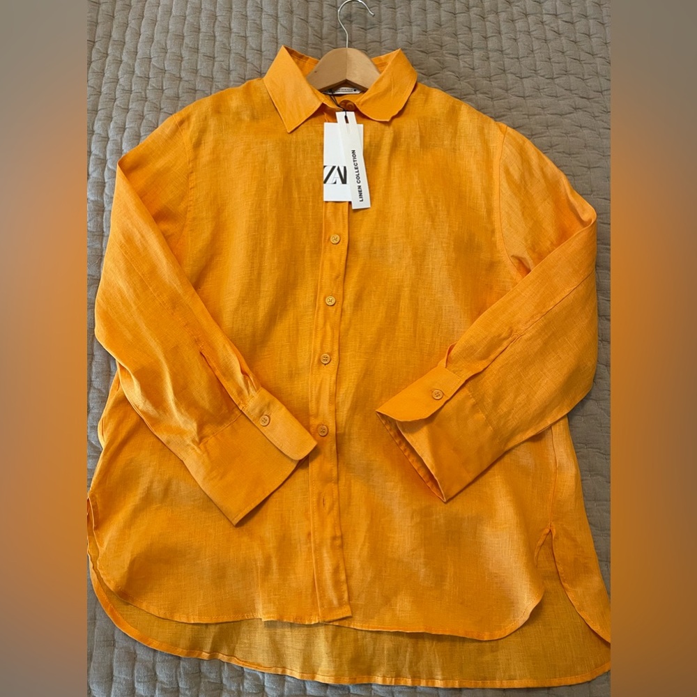 Zara orange linen shirt long sleeve size M.